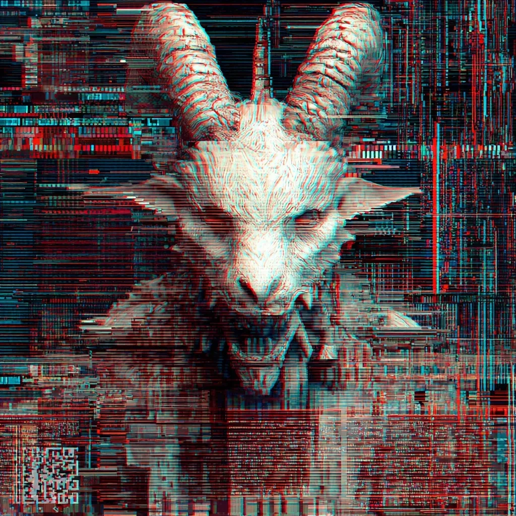 A digital rendering depicts a demonic goat-like creature, its features distorted by a glitching, red and blue visual effect reminiscent of a corrupted computer screen.  The creature's face is prominently displayed, showcasing sharp horns and a snarling expression. The background is a chaotic array of digital artifacts, further emphasizing the digital corruption and ominous nature of the image.
