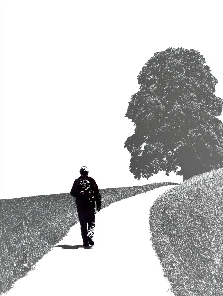 A solitary figure, clad in dark clothing and carrying a backpack, walks away down a curving path.  The path is bordered by tall grasses, leading towards a large, imposing tree under a bright, white sky. The scene is rendered in grayscale, emphasizing the figure's isolation and the journey ahead. The overall mood is one of contemplation and quiet solitude.