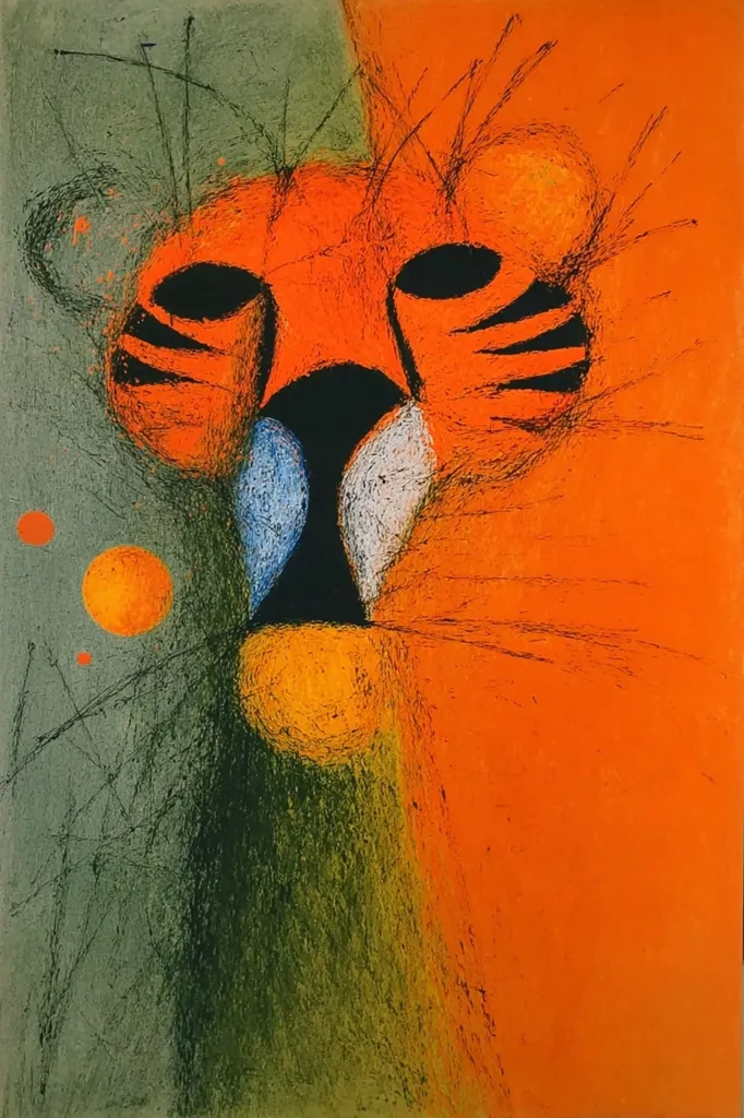 An abstract depiction of a tiger's face dominates the artwork.  Bold strokes of orange and black create the feline's features, set against a muted green background.  Small, vibrant circles add a touch of whimsy to the piece, enhancing the overall texture and energy of the composition.  The style suggests a blend of expressionism and possibly some influences from primitive art.