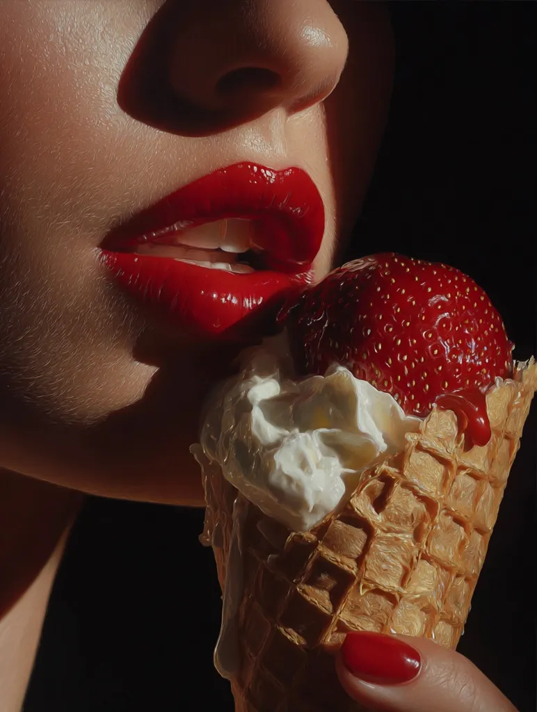 A close-up shot reveals a woman's face, partially shadowed, with vibrant red lipstick.  She's delicately biting into a waffle cone overflowing with creamy white ice cream and a glistening, ripe strawberry.  The contrast between the deep red of her lips and the strawberry against the pale ice cream and the dark background is striking.  The image has a sensual and artistic quality.
