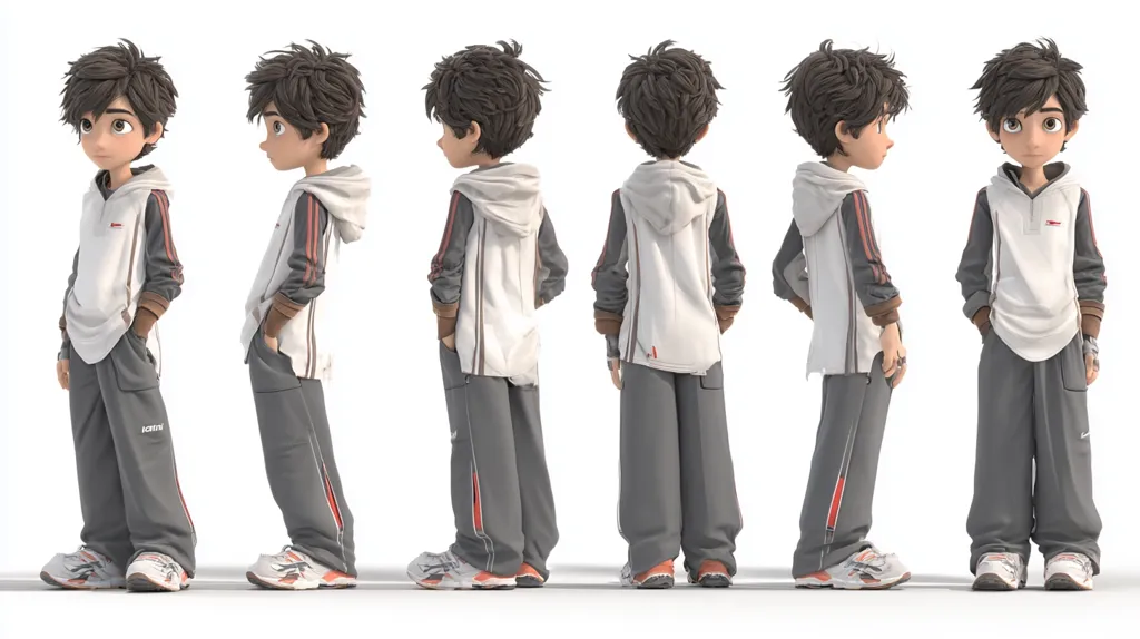 A 3D model of a young boy is shown from five different angles. He's wearing a cream-colored hoodie with red accents, dark grey sweatpants with red stripes down the sides, and sneakers.  The model showcases the character's design from front, side, back, and three-quarter views. The style is reminiscent of animated film characters.