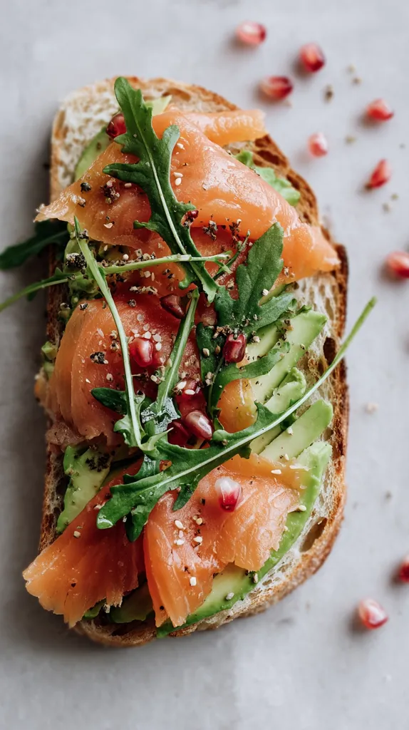 A gourmet open-faced sandwich features toasted bread topped with creamy avocado, delicate slices of smoked salmon, fresh arugula, and pomegranate seeds.  A light sprinkle of seasoning adds subtle flavor. The vibrant colors and textures create a visually appealing and appetizing dish.