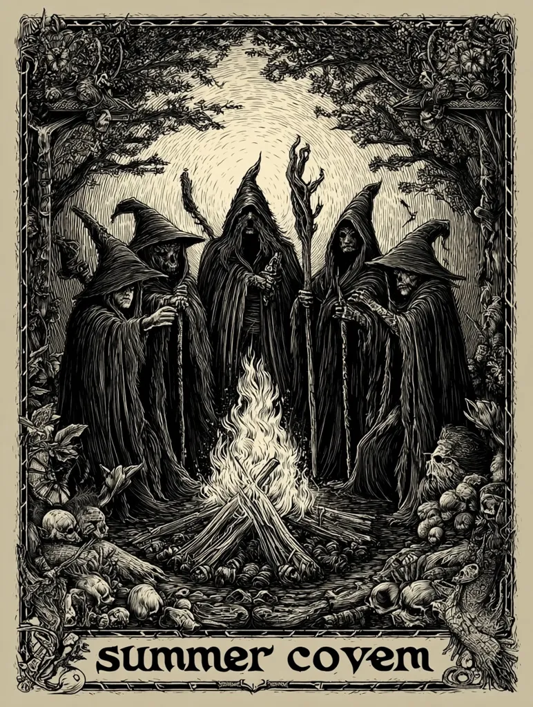 A black and white woodcut-style illustration depicts five cloaked figures, possibly witches, gathered around a campfire in a dark forest.  They wear pointed hats and hold staffs.  Skulls and other macabre details surround the fire, enhancing the gothic atmosphere. The title "Summer Coven" is inscribed at the bottom, suggesting a gathering of witches during the summer.  The overall style is dark, detailed, and evocative of folklore.