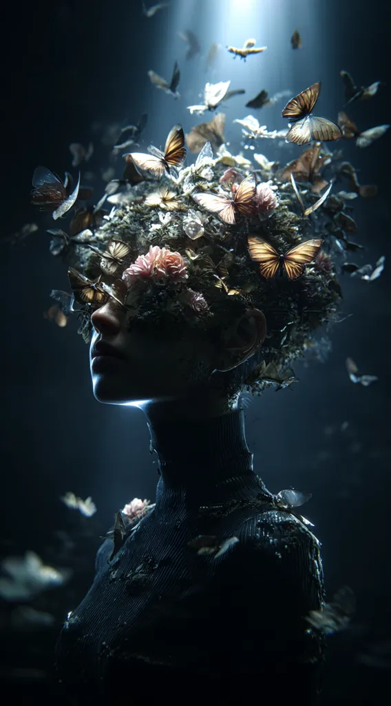 A digital artwork depicts a person's head and shoulders, seemingly adorned with a chaotic arrangement of flowers and butterflies.  The butterflies, in various shades of brown and gold, flutter around the floral crown, which obscures the person's eyes.  The dark, moody background contrasts sharply with the delicate colors of the flora and insects, creating a surreal and ethereal atmosphere. The person's clothing appears textured, possibly decaying or worn.