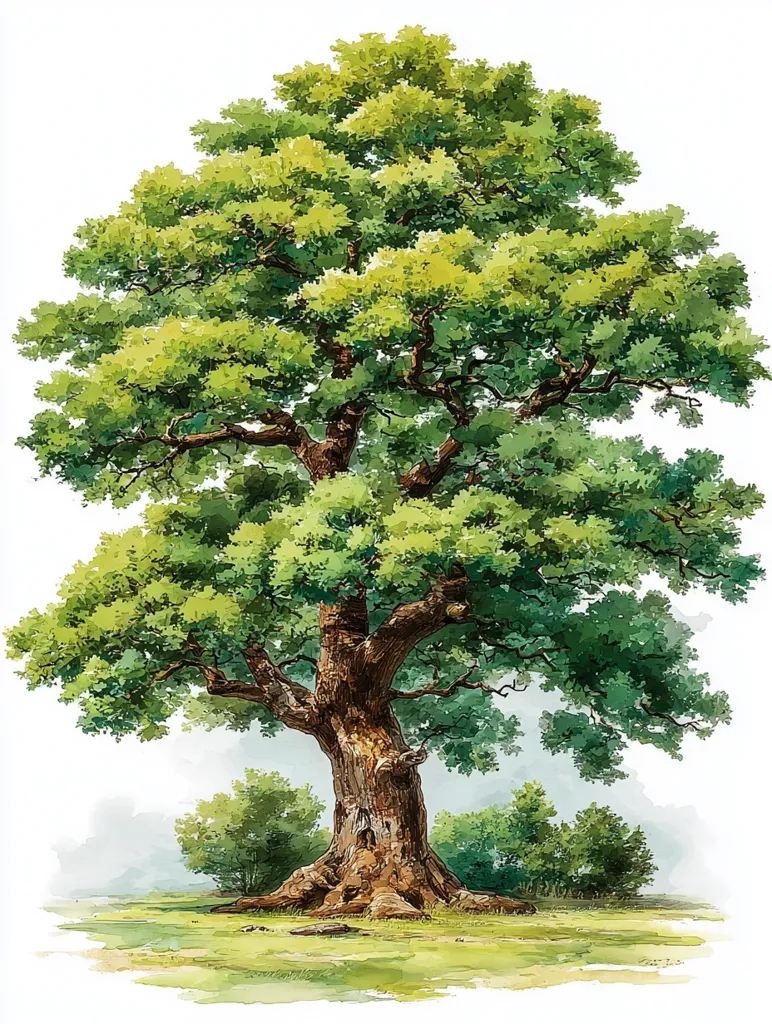 A watercolor painting depicts a majestic oak tree, its broad crown lush with vibrant green leaves.  The thick, textured trunk suggests age and strength, its roots sprawling across the grassy ground.  Smaller shrubs and trees form a backdrop, creating a peaceful, idyllic scene. The style is realistic, showcasing the tree's detailed texture and the soft light filtering through the foliage.