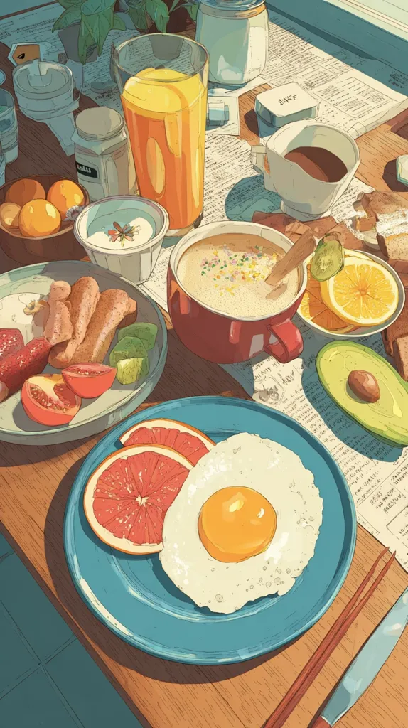 A sunlit breakfast table is depicted in a vibrant illustration.  A fried egg and grapefruit slices are the centerpiece on a teal plate, accompanied by a hearty meal including toast, sausage, fruit salad, and avocado.  Orange juice, coffee, and a creamy beverage add to the colorful spread, all set against a backdrop of a newspaper and sunlight.  The style is reminiscent of whimsical, soft-toned animation.