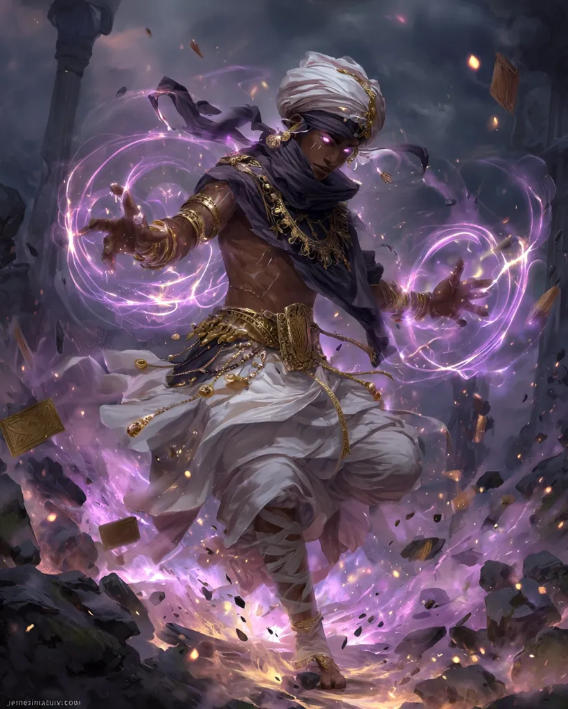 A dark-skinned male sorcerer, adorned in opulent gold and white robes and a white turban, channels vibrant purple energy.  He levitates amidst a chaotic scene of crumbling stone and sparks, his hands outstretched, controlling swirling magical forces.  Gold jewelry accents his attire, enhancing his mystical and powerful presence. The background hints at ancient ruins, adding to the dramatic atmosphere.