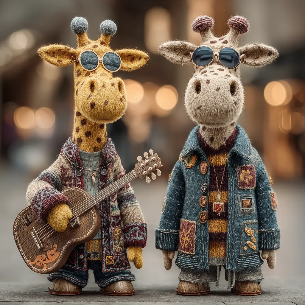 Two adorable, anthropomorphic giraffes, dressed in bohemian attire, stand against a blurred city backdrop.  One giraffe holds a small acoustic guitar.  Both wear sunglasses and knitted sweaters, showcasing a unique blend of textures and patterns.  Their expressive faces and stylish clothing create a charming and whimsical scene.