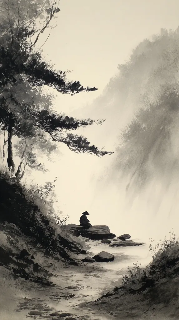 A solitary figure, cloaked and hatted, sits on rocks beside a tranquil waterway.  The scene is rendered in shades of grey, evoking a misty, serene atmosphere. Lush, dark trees frame the composition, their branches reaching towards the pale sky.  The overall impression is one of peaceful contemplation within a misty, evocative landscape.  The style is reminiscent of East Asian ink wash painting.