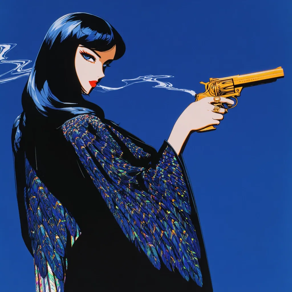A stylish anime woman with long dark hair and red lips holds a gold revolver.  She wears a black kimono-style robe adorned with iridescent blue and green feather-like detailing. Smoke curls from her lips, suggesting she's smoking.  The backdrop is a vibrant solid blue. The overall style is bold and graphic, with a strong contrast between the dark figure and the bright background.
