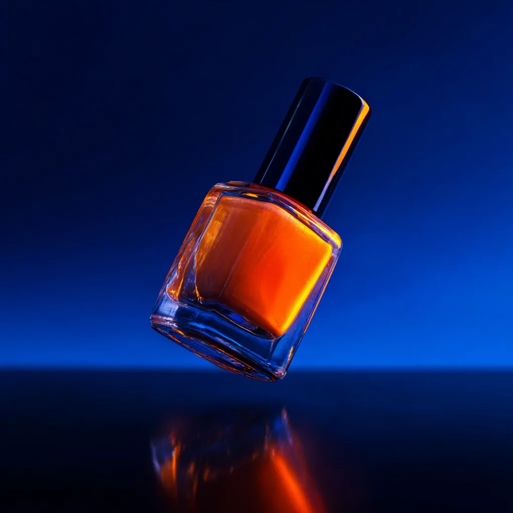 A bottle of orange nail polish floats against a deep blue background.  The vibrant orange of the polish is emphasized by the dramatic lighting. The glass bottle is square with a black cap, creating a striking contrast against the backdrop.  The image is clean and modern, highlighting the product in a visually appealing way.  A reflection of the bottle is visible on the surface below.