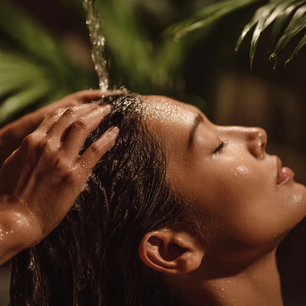 Close-up of a woman receiving a hair wash at a spa.  Water pours over her dark hair as gentle hands massage her scalp.  Her eyes are closed, suggesting relaxation. The warm lighting and lush green background enhance the tranquil spa atmosphere.  The image focuses on the sensory experience of the treatment.
