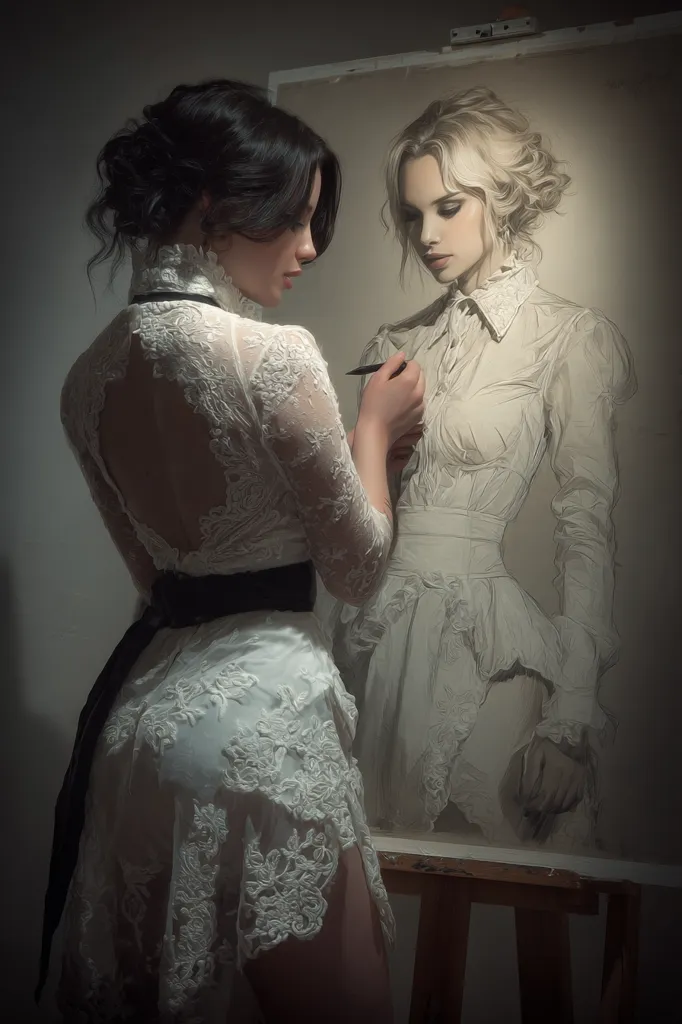 A woman in a delicate white lace dress meticulously works on a portrait.  Her dark hair is styled elegantly, contrasting with the blonde subject on the canvas. The artist’s focused expression and the intricate details of both the dress and the drawing suggest a dedication to her art.  The dimly lit setting adds to the atmospheric mood of artistic creation.