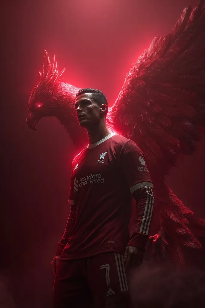A stylized image depicts a soccer player, possibly Mohamed Salah, in a Liverpool jersey.  He's positioned against a dark red background, seemingly enveloped by a pair of large, luminous red phoenix wings. The overall mood is dramatic and powerful, with the red lighting enhancing the intensity. The number seven is visible on his jersey.