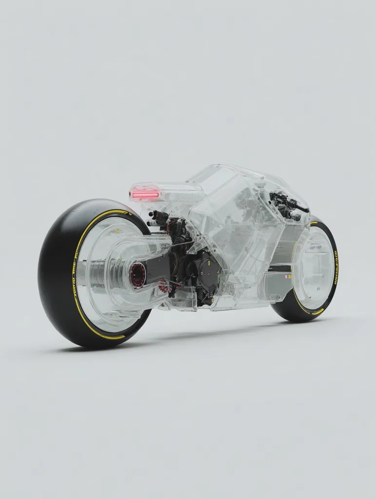 A futuristic, transparent motorcycle is showcased against a minimalist white backdrop.  Its internal mechanics are clearly visible through the clear body, revealing intricate engine components and wiring.  The sleek design features black tires with yellow accents, adding a touch of contrast to the otherwise translucent frame. The red rear light is a small but noticeable detail. The overall aesthetic suggests a concept design or a high-tech, innovative machine.