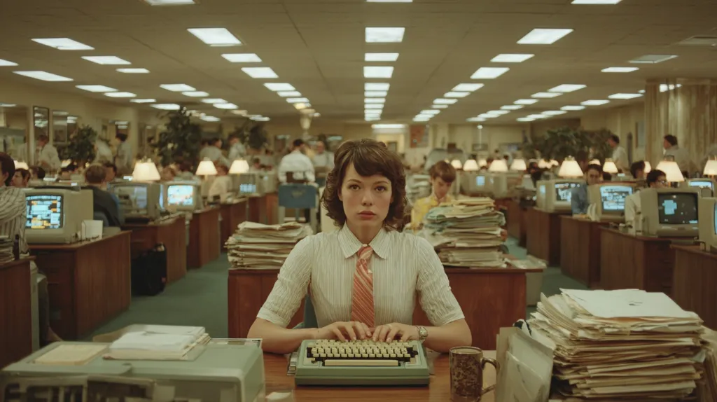A woman with short brown hair sits at a typewriter in a bustling 1970s-style newsroom.  She's dressed in a striped shirt and tie, her expression serious and focused.  Rows of desks filled with workers and stacks of papers stretch into the background, creating a sense of intense activity and a retro atmosphere.  The scene is bathed in warm, yellowish lighting.