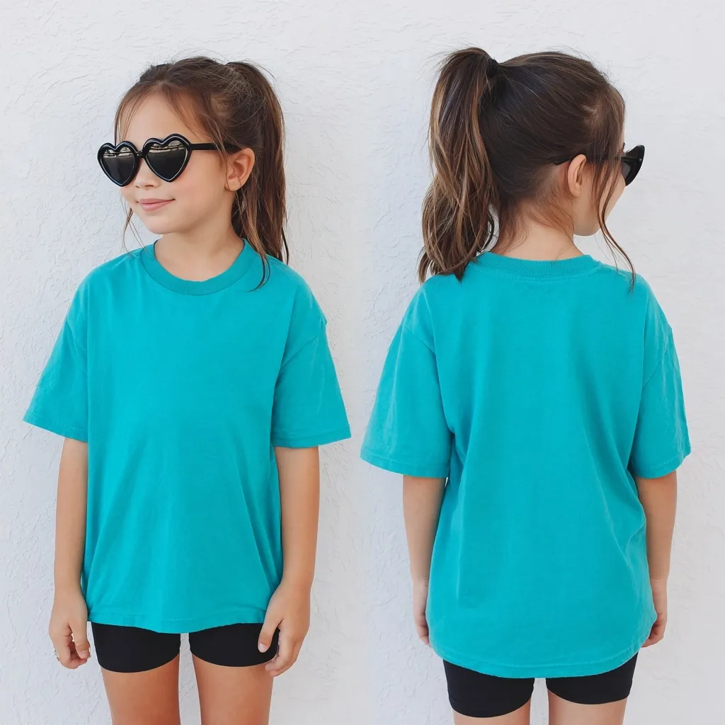 A young girl is shown from the front and back wearing a teal short-sleeved t-shirt and black biker shorts. She has her hair pulled up in a ponytail and is wearing heart-shaped sunglasses.  The oversized shirt is a boxy style, and the image showcases a simple, casual children's outfit.