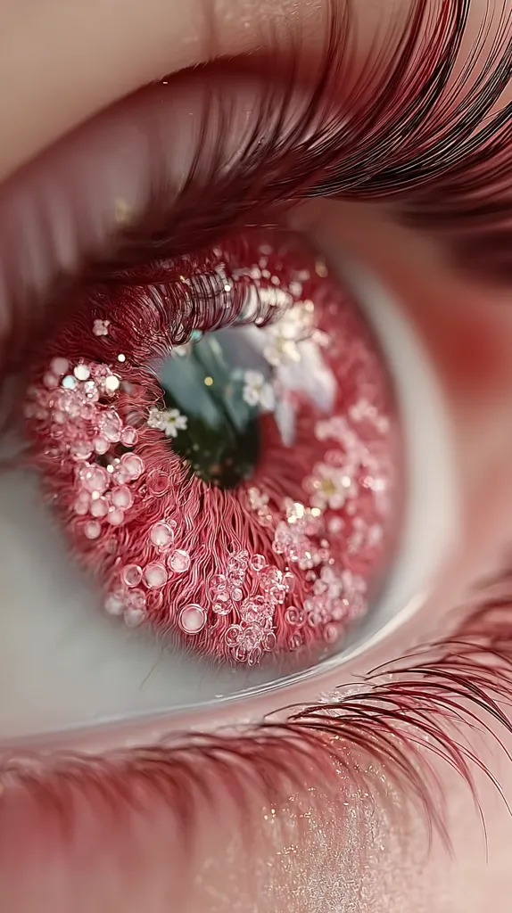 A close-up of a stylized eye, showcasing intricately detailed lashes and an iris adorned with tiny, translucent bubbles and shimmering particles. The iris is a deep reddish-pink, giving a surreal and ethereal quality.  The overall effect is one of delicate beauty and fantasy.