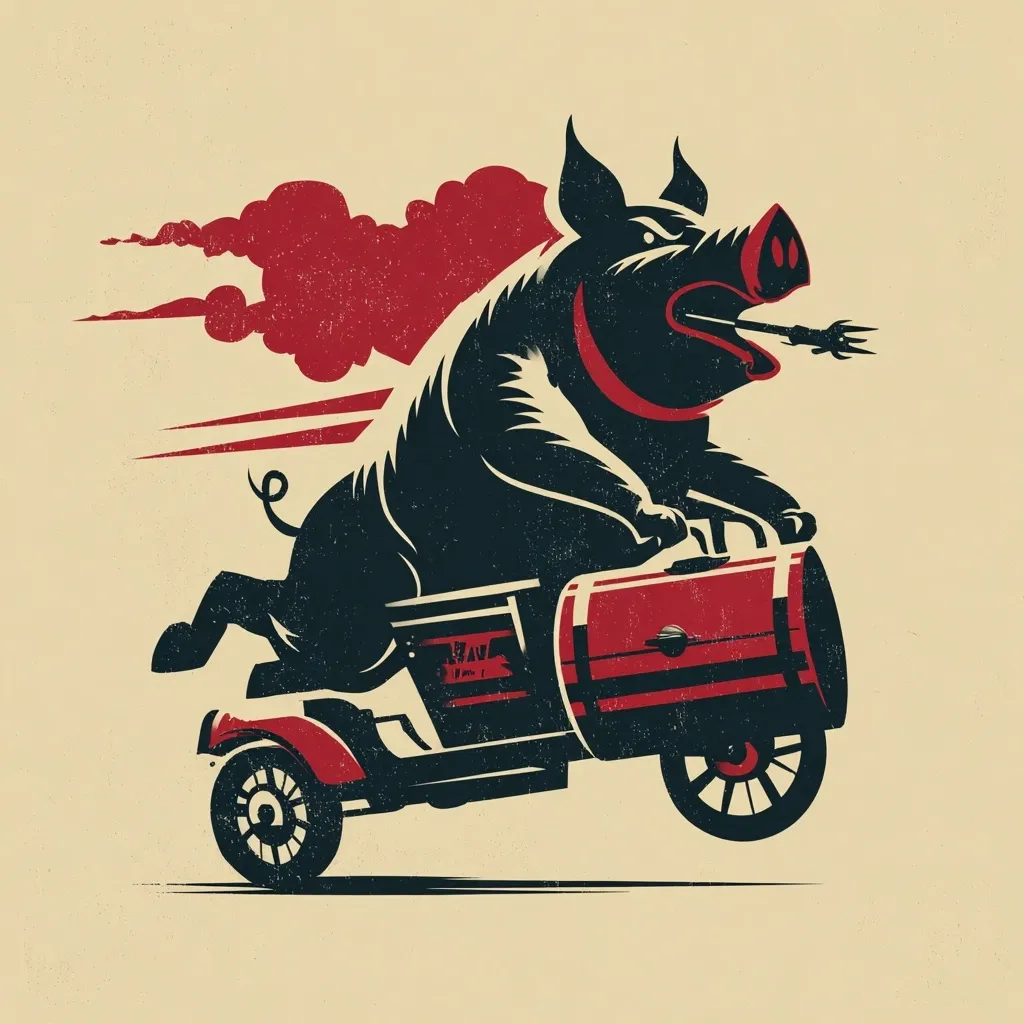 A stylized illustration depicts a fierce pig driving a three-wheeled vehicle resembling a motorcycle with a large red barrel as a sidecar.  The pig appears aggressive, mouth open, and a burning spear protrudes from its mouth.  A red smoke trail suggests high speed. The style is bold and graphic, with a vintage or retro feel. The overall impression is energetic and slightly rebellious.