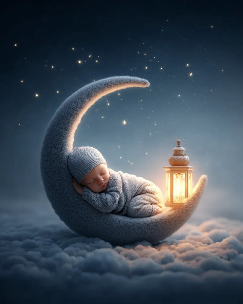 A newborn baby peacefully sleeps nestled on a crescent moon, cradled amongst fluffy clouds under a starlit night sky. A warm, glowing lantern sits beside the infant, casting a gentle light. The scene evokes a sense of tranquility and dreams, creating a magical and ethereal atmosphere. The soft, muted tones enhance the overall calming effect.