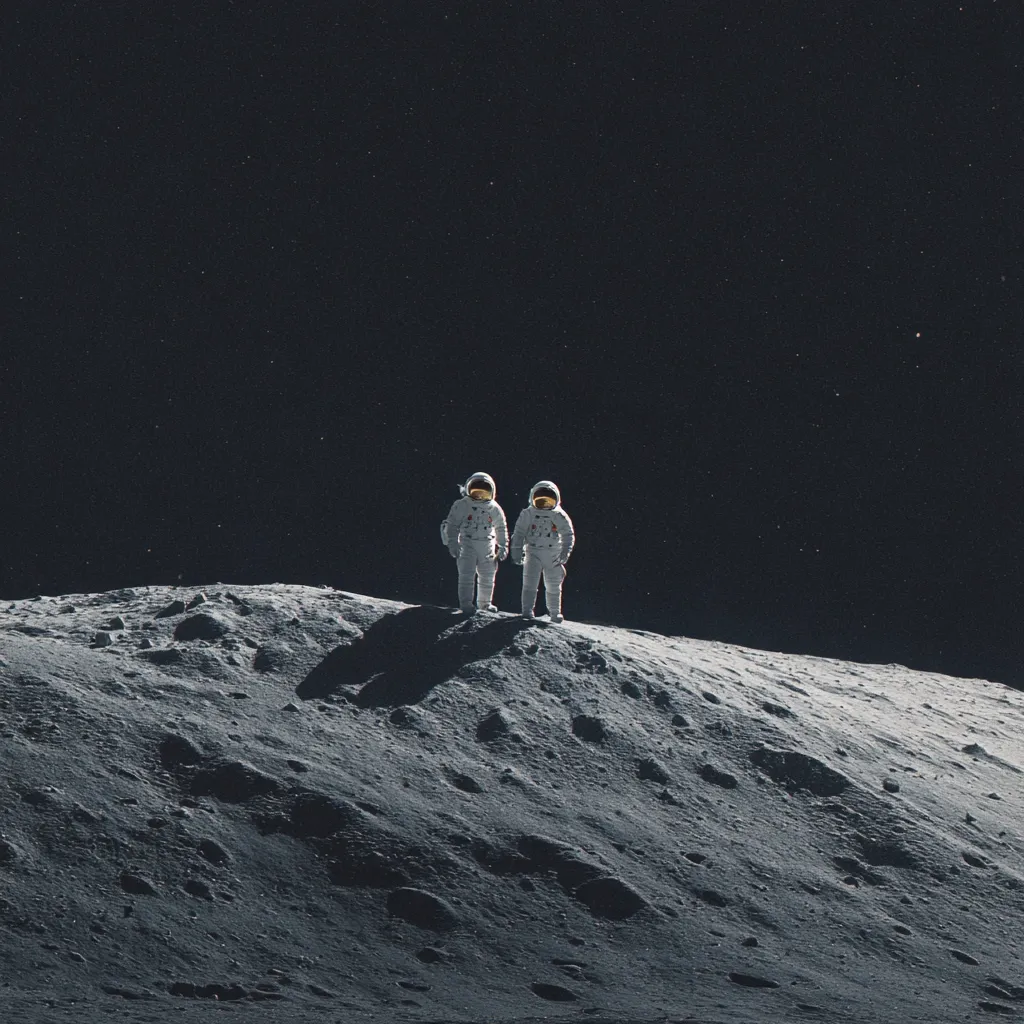 Two astronauts in white spacesuits stand on a lunar hill, silhouetted against the dark, star-studded sky.  The desolate lunar landscape is visible, with a textured surface of craters and dust. The scene evokes a sense of isolation and the vastness of space.  The astronauts appear small against the immense backdrop, emphasizing the scale of the moon and the universe.