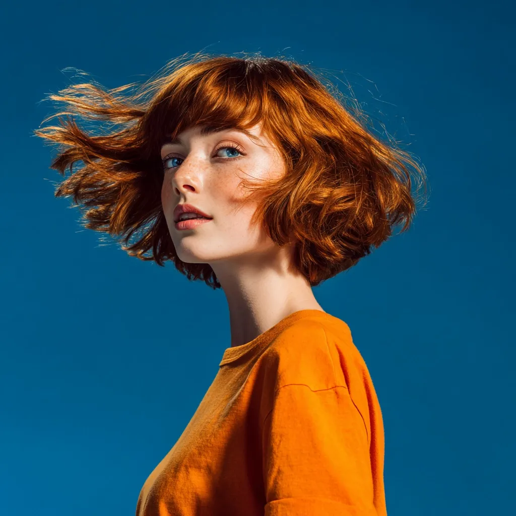 A young woman with vibrant red, short, wavy hair and freckles looks over her shoulder against a solid blue background.  Her hair appears windblown. She is wearing a simple, loose-fitting, burnt orange t-shirt. The image is bright and stylish, with a focus on her striking features and hair.