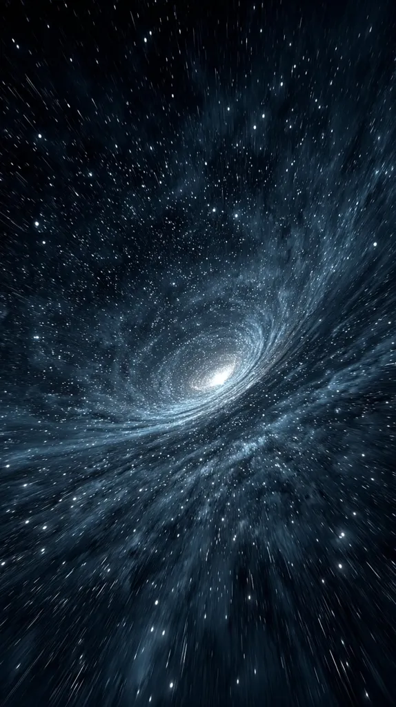 A mesmerizing depiction of a cosmic vortex, swirling galaxies of stars and nebulae create a hypnotic tunnel effect.  The deep blues and blacks of space contrast with the bright, distant stars, emphasizing the vastness and mystery of the universe.  A sense of motion and speed is conveyed through the streaking light trails, mimicking the experience of traveling through space at incredible velocity.