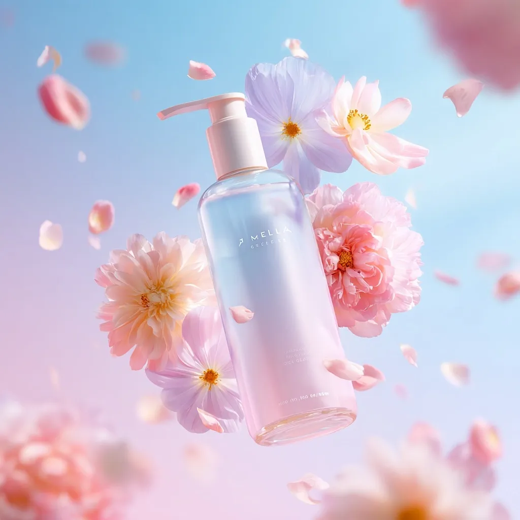 A pump bottle of Mella Green Cleansing Oil floats amidst falling pink and purple flower petals against a soft blue backdrop.  The bottle's translucent design reveals a light pink liquid.  The overall aesthetic is dreamy and ethereal, emphasizing the product's delicate and floral nature.  The image evokes a sense of freshness and purity.