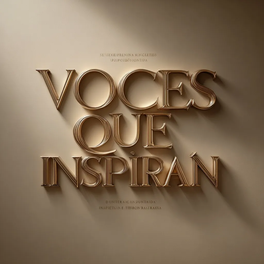 The image showcases the phrase "Voces Que Inspiran" in elegant, gold, three-dimensional lettering against a beige background.  The words, meaning "Voices That Inspire" in Spanish, are artistically rendered with a layered, embossed effect. Small text at the top and bottom provides additional, unreadable information. The overall aesthetic is sophisticated and minimalist.