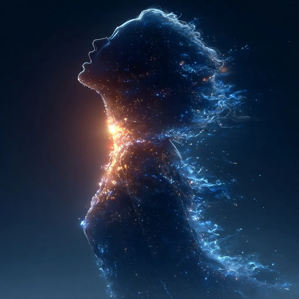 The image depicts a stylized female figure, her form composed of swirling particles of light.  The figure's head is thrown back in a cry,  her body radiating a warm, inner glow that contrasts with cooler blues and purples trailing behind her.  The overall effect is ethereal and evokes a sense of transformation or release, suggesting a powerful emotion or spiritual experience.