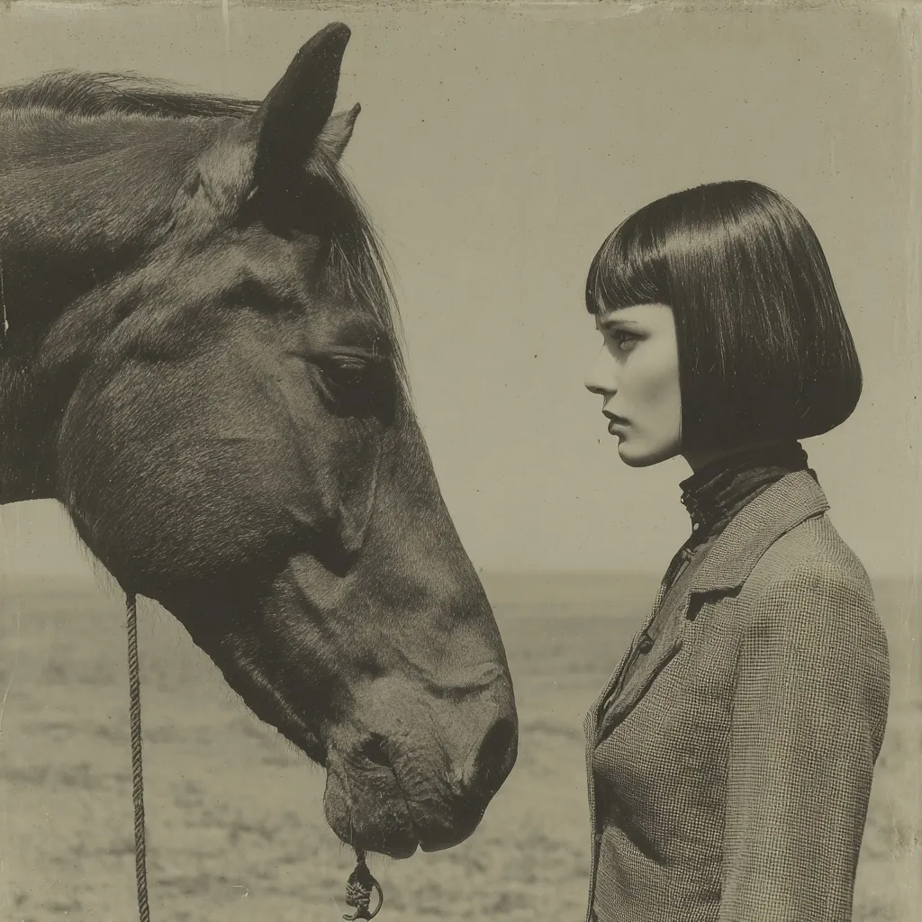A sepia-toned photograph depicts a young woman with a bob haircut, dressed in a textured jacket, standing in profile view beside a dark horse.  The woman and horse are positioned closely, their heads nearly touching, creating a sense of intimacy and connection against a muted, outdoor backdrop.  The overall style evokes a vintage or nostalgic feel.