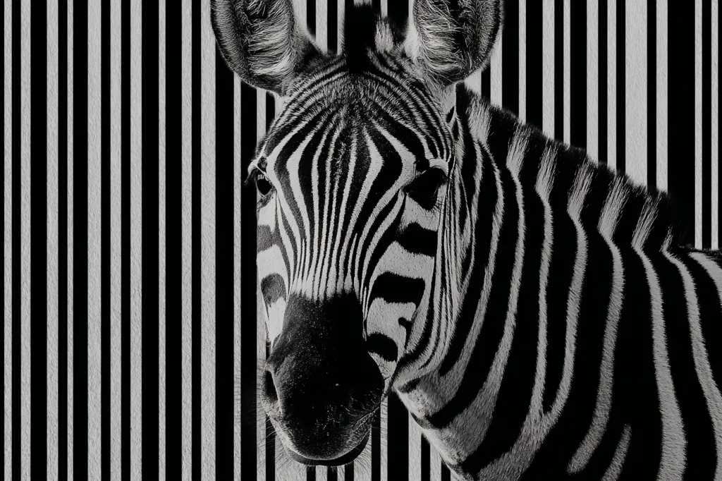 A striking monochrome image features a zebra's head and shoulders positioned against a backdrop of vertical black and white stripes, mimicking a barcode. The zebra's distinct stripes contrast sharply with the background, creating a visually arresting juxtaposition of nature and commercial symbolism.  The image's stark black and white palette enhances the contrast and emphasizes the texture of the zebra's fur.