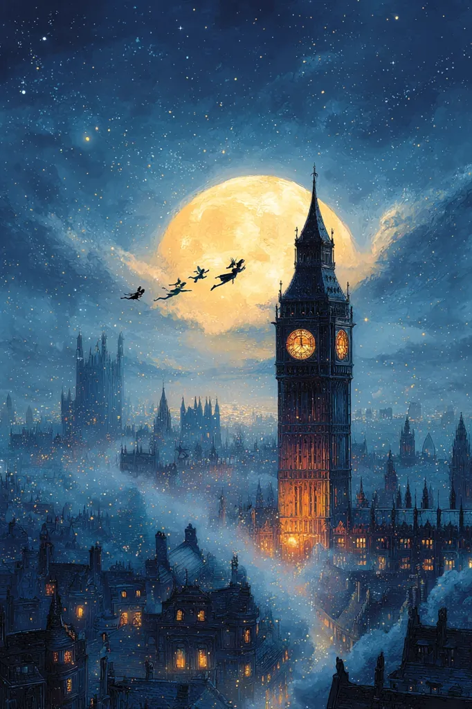 A whimsical illustration depicts Peter Pan and the Lost Boys silhouetted against a large, luminous moon over London.  The iconic Big Ben clock tower glows warmly in the softly falling snow.  The city's buildings are nestled beneath a starry, night sky, creating a magical and nostalgic scene reminiscent of classic children's literature.  The overall mood is one of enchanting fantasy and wonder.