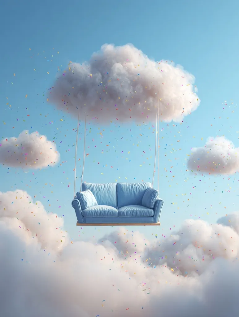 A light blue sofa swings serenely from a fluffy white cloud in a dreamy, pastel sky.  Colorful confetti drifts down, adding a festive touch to the whimsical scene.  The sofa appears suspended amidst a sea of clouds, creating an image of peaceful relaxation and surreal fantasy.