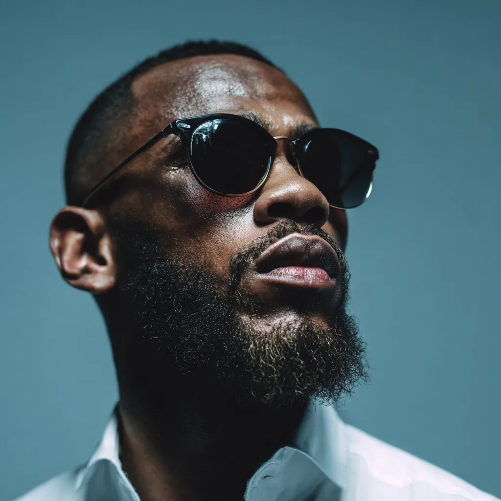 Close-up portrait of a Black man with a short, well-groomed beard and short hair. He wears black-framed sunglasses and a crisp white collared shirt.  His gaze is directed upward, and the lighting emphasizes the texture of his skin and beard. The background is a muted teal.  The overall mood is serious and contemplative.