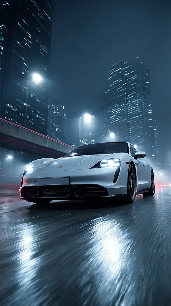 A sleek, white Porsche Taycan electric sports car speeds down a rain-slick city street at night.  Tall, modern buildings loom on either side, illuminated by streetlights reflecting in the wet pavement. The car's headlights cut through the darkness, creating a dynamic and stylish scene.  The overall mood is one of sleek sophistication and urban energy.