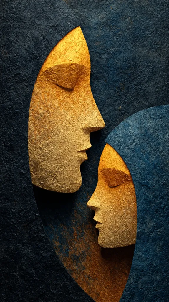 A striking abstract artwork features two stylized faces, rendered in gold against a deep blue background.  The faces, possibly mother and child, are sculpted with a textured, almost stone-like appearance.  Their eyes are closed, suggesting serenity or contemplation. The composition uses contrasting colors and shapes to create a sense of intimacy and mystery.