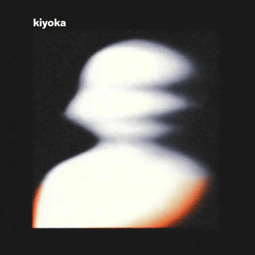 The image is a minimalist design featuring a blurred, ghostly figure on a black background.  The figure is predominantly white with subtle orange hues at the bottom, giving a faded or ethereal effect.  The artist's name, "kiyoka," is subtly placed in the upper left corner. The overall style is abstract and evocative, possibly representing a sense of anonymity or fleeting memory.  The textured appearance adds a grainy, almost vintage feel.