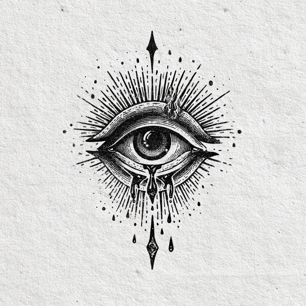 A detailed black and white illustration depicts a weeping eye, rendered in a style reminiscent of vintage engravings or woodcuts.  The eye is surrounded by radiating lines, creating a sunburst effect, and framed by intricate detailing.  Tears flow from the eye, dripping downwards onto a pointed, geometric base.  The overall aesthetic is dark, mystical, and slightly macabre.