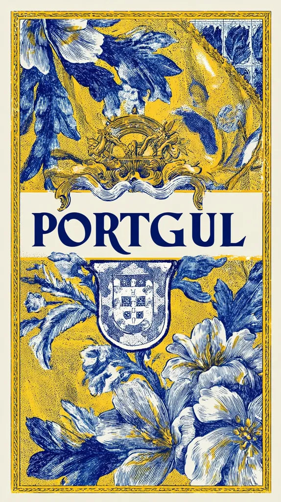 A stylized illustration of Portugal features the word "PORTUGAL" in navy blue, prominently displayed against a vibrant yellow background.  The design incorporates intricate blue floral patterns reminiscent of azulejo tiles, framing the nation's coat of arms.  The overall aesthetic is ornate and evocative of traditional Portuguese design.