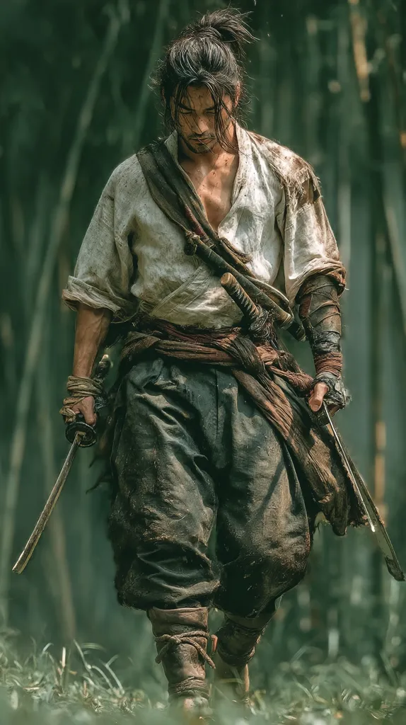 A weathered samurai, his hair bound in a topknot, walks through a verdant forest.  His attire is worn and dirty, showing signs of battle. Two swords are strapped to his waist, one partially drawn in his hand.  His gaze is downcast, conveying a sense of weariness or contemplation. The overall mood is somber and evocative of a historical period drama.