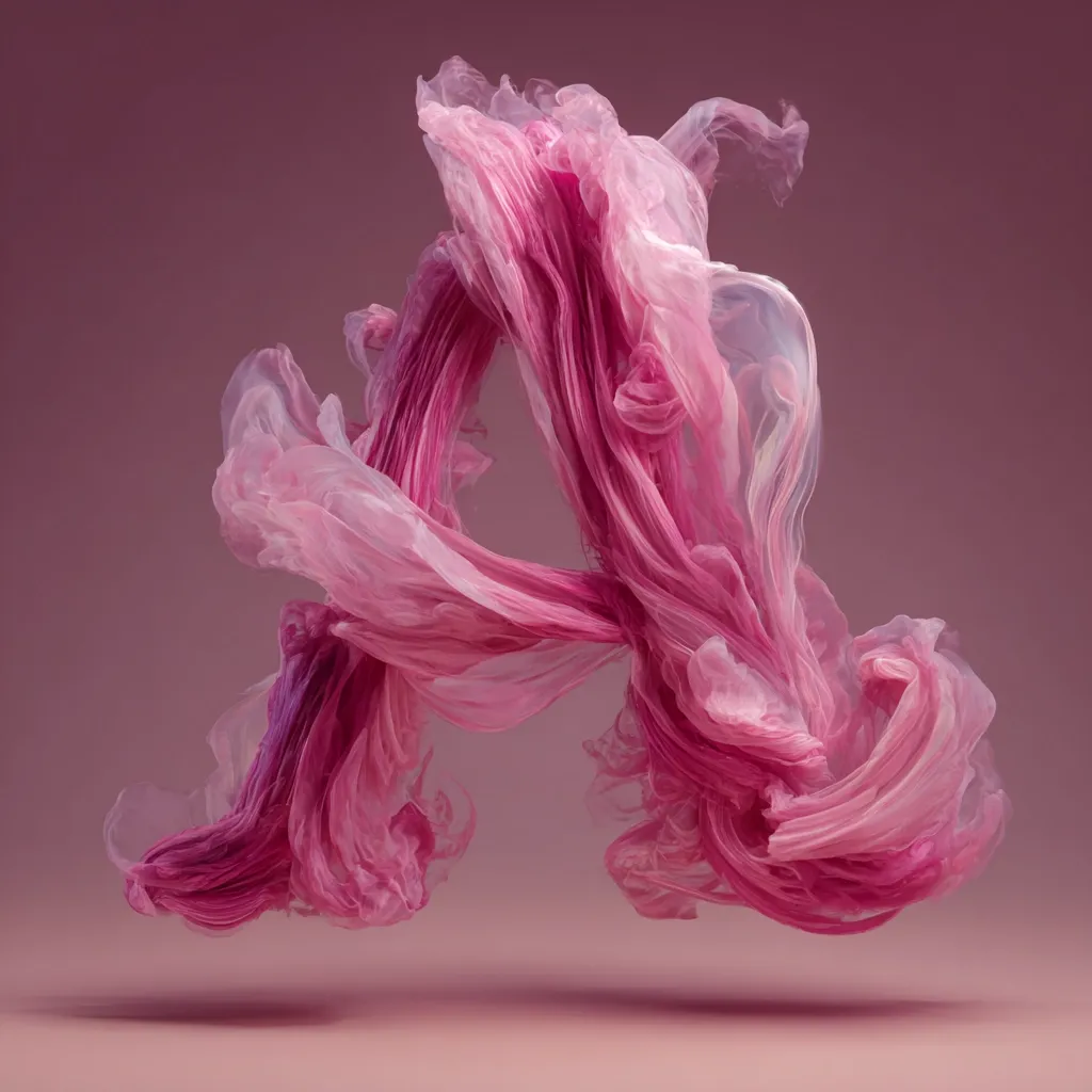 A swirling mass of pink and mauve fabric forms the letter "A" against a muted pink background. The sheer material is draped and twisted, creating a dynamic and abstract representation of the letter.  The image evokes a sense of movement and fluidity, with the fabric appearing weightless and ethereal.  The color palette is soft and harmonious, contributing to the overall delicate and artistic feel.