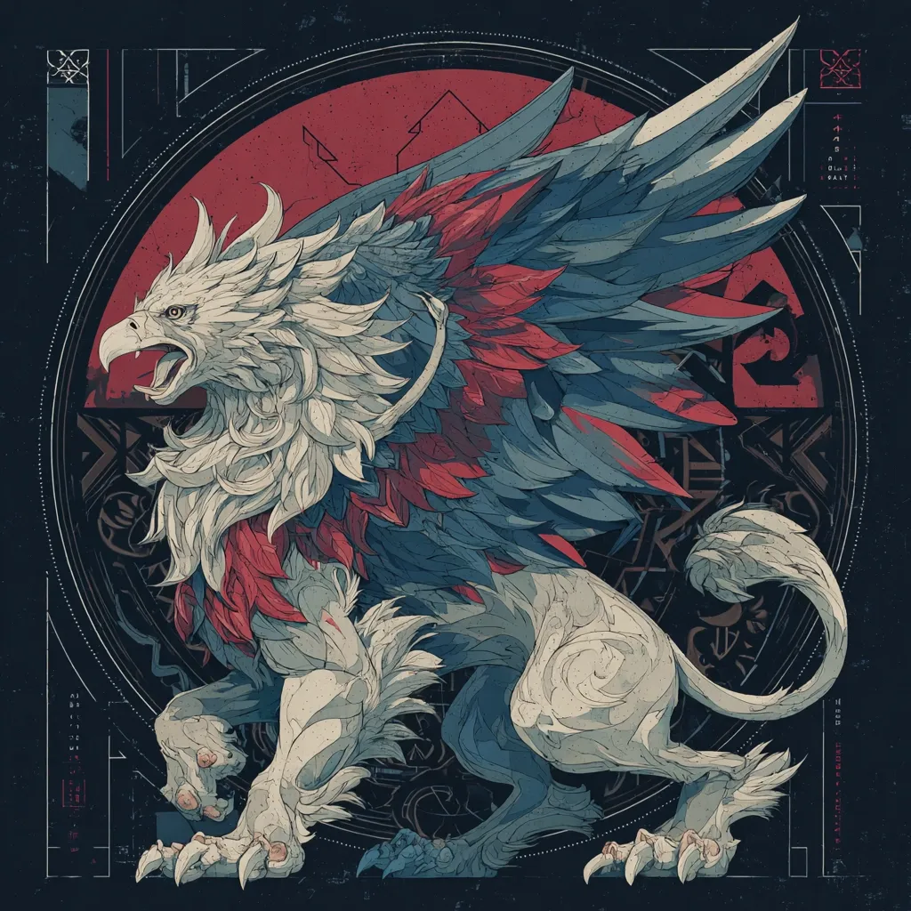 A majestic griffin, rendered in a striking blend of grayscale and crimson, dominates the artwork.  Its powerful body, lion-like in form, is contrasted by large, feathered wings in shades of blue and red. The creature's fierce expression and sharp talons suggest strength and dominance.  The background features intricate geometric designs and a circular motif, enhancing the mythical and symbolic nature of the piece.