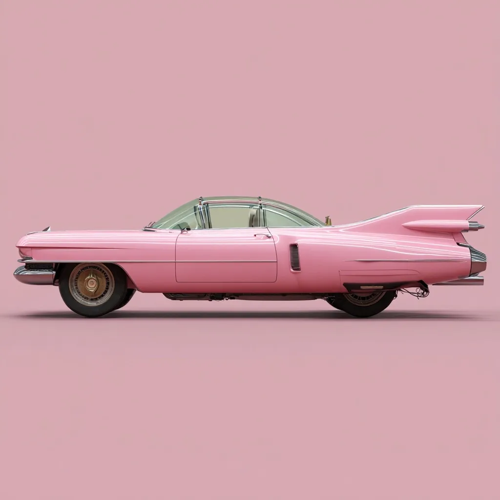 A vintage pink Cadillac Eldorado convertible is showcased in profile view against a matching pastel pink background.  The car's sleek design and gleaming chrome details are highlighted, emphasizing its classic elegance. The image is clean and minimalist, focusing attention on the vehicle's retro aesthetic.  The overall mood is calm and sophisticated.