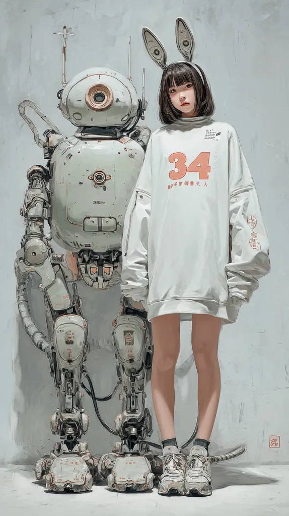 A digital painting depicts a young woman with bunny ears standing next to a large, mechanical robot. The woman wears a cream-colored sweatshirt with the number 34 printed on it.  The robot is predominantly light gray with visible mechanical components. The scene is set against a muted gray background, creating a futuristic and slightly melancholic atmosphere.  The style is detailed and realistic, blending elements of anime and mecha design.