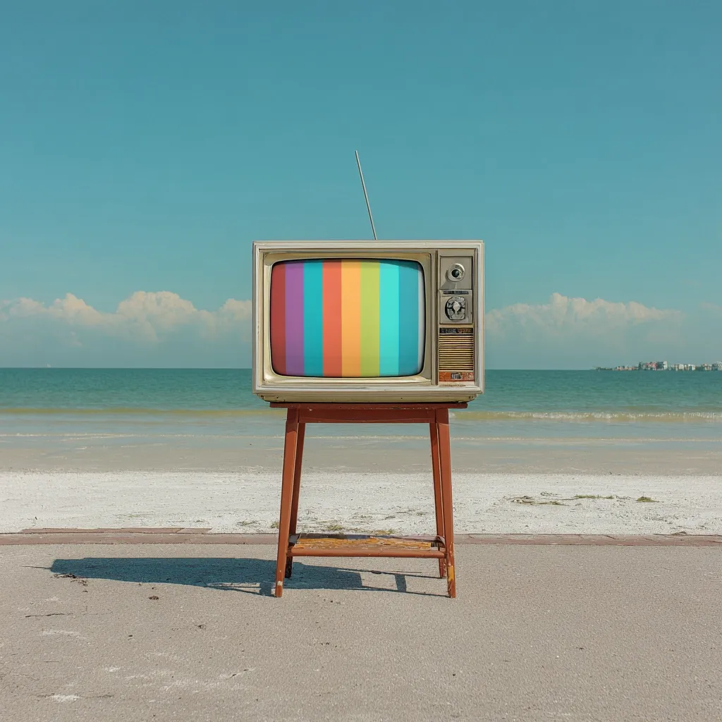 A vintage television set displaying a colorful test pattern sits on a small wooden stand on a sandy beach. The ocean stretches to a bright blue sky with a few fluffy clouds. The scene evokes a nostalgic feeling, contrasting the retro technology with the tranquil natural setting.  The overall mood is peaceful and slightly surreal.