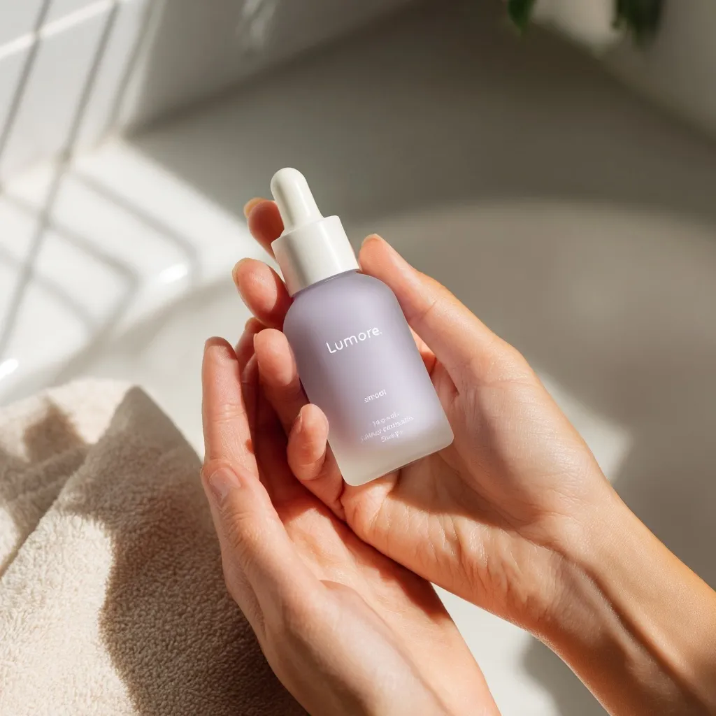 A pair of hands gently cradles a Lumore Smoo1 serum bottle. The bottle is a pale lavender color with a minimalist design, featuring the brand name and product description. The setting is a clean, bright bathroom, suggesting a skincare routine.  The image evokes a sense of calm and self-care.