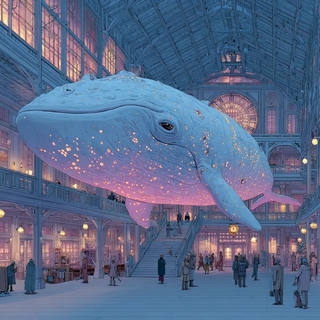 A large, luminous whale floats inside a grand, old train station.  The whale's body is subtly illuminated from within, casting a soft glow.  People stroll below, seemingly unfazed by the extraordinary presence.  The building's architecture is detailed, with intricate wooden beams and large windows showcasing warm interior lights. The overall atmosphere is serene and dreamlike.