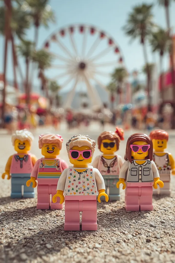 Five LEGO minifigures, styled as fashionable senior women, stand in a row against a blurred background of a Ferris wheel and palm trees at a fair.  They wear pink clothing and sunglasses, exuding a cheerful and stylish vibe. The scene evokes a fun, carefree atmosphere of a sunny day at an amusement park.