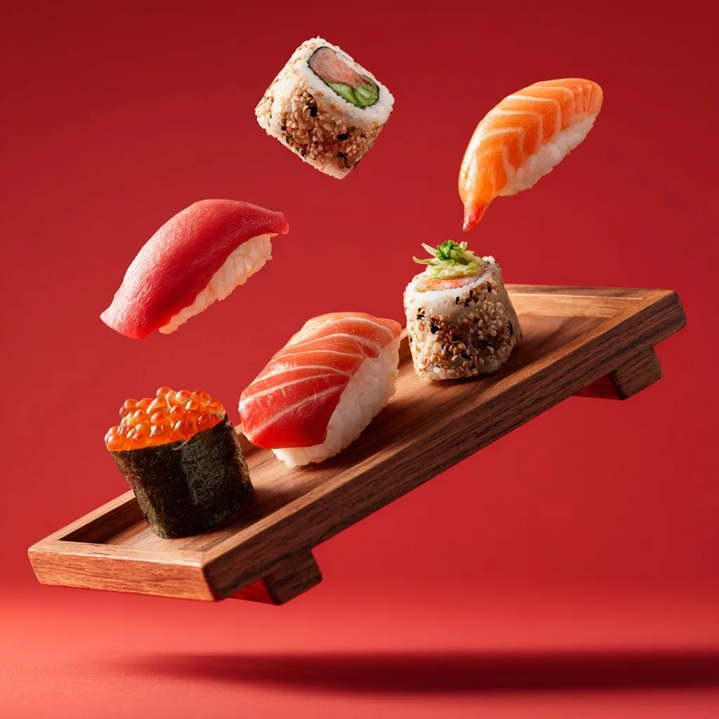 A wooden tray holding an assortment of sushi pieces floats against a red backdrop.  The tray features nigiri with salmon and tuna, a maki roll with sesame seeds, and a gunkan maki topped with orange fish roe.  Another salmon nigiri and a maki roll are suspended in mid-air above the tray, creating a dynamic and appetizing image.